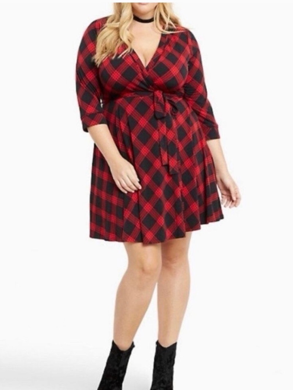 torrid Red and Black Plaid Long Sleeve Wrap Dress